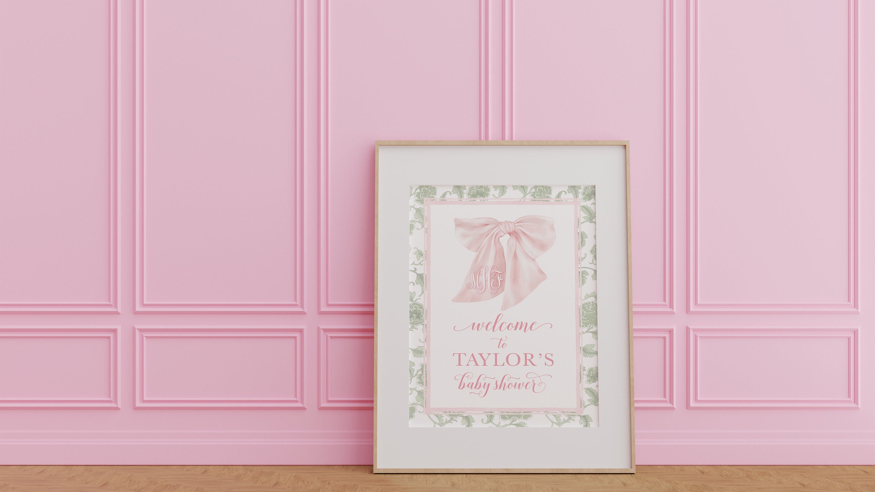 Sage Green and Pink Chinoiserie Baby Shower Welcome Sign, Monogram Bow, Heirloom Bow, Baby Brunch, Printable, Brunch for Baby, Watercolor