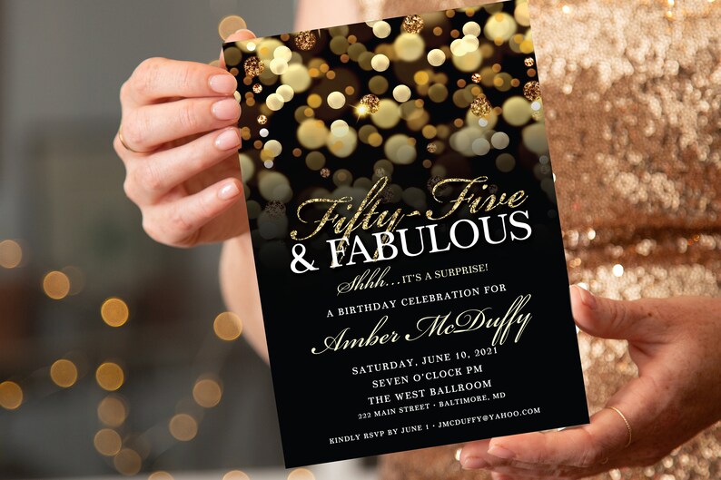 Surprise 55th Birthday Party Invitation with Gold Glitter | Etsy