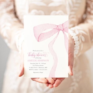 Pink Bow Baby Shower Invitation Digital, girl baby shower, baby girl sprinkle invite, pink pastel girl first birthday party