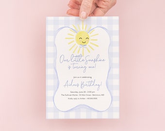 Preppy Blue Gingham Sunshine Birthday Invitation - Our Little Sunshine - My Sunshine - Sunshine Boy Invite