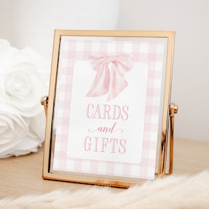 Cards and Gifts Sign for Girl Baby Shower Printable with Pink Bow - Printable 8x10 - Preppy Pink Gingham Baby Sprinkle