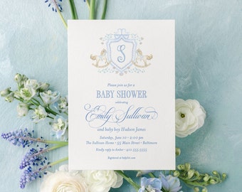 Classic Monogram Crest Baby Boy Shower Invitation Rocking Horse Boy Baby Sprinkle Traditional Preppy