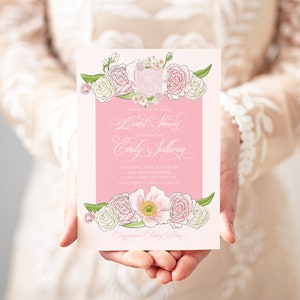 Bridal Shower Invitations - Pink Floral Baby Shower Invitations - Bridesmaids Luncheon - Bridal Tea - Brunch with the Bride - Monogram Crest