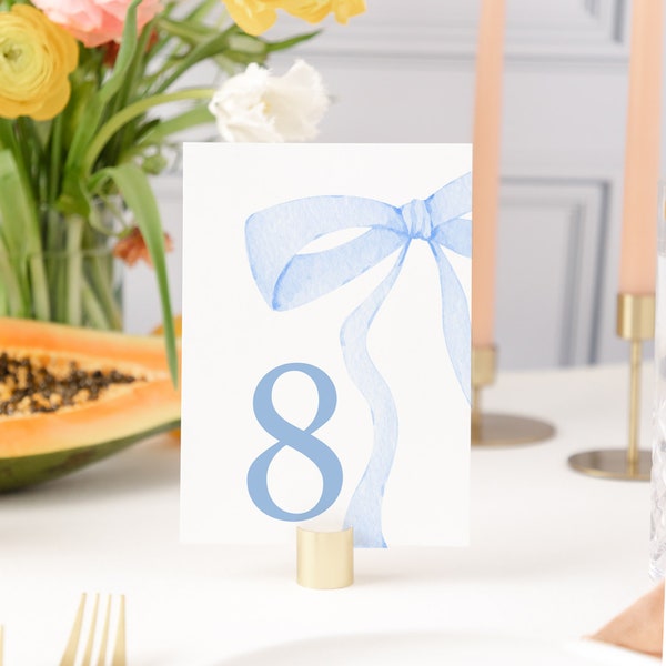 Printable 5x7 inch Table Numbers 1-20 - Baby Boy Shower Table Signs - Blue Bow Party - Baby Boy Sprinkle