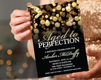 Aged to Perfection Birthday Party Invitation with Gold Glitter Bokeh Classy Glam PRINTABLE