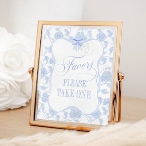 Letrero de recuerdo para baby shower de niño chinoiserie, imprimible, 8 x 10, con chispas de color azul y blanco para bebé niño