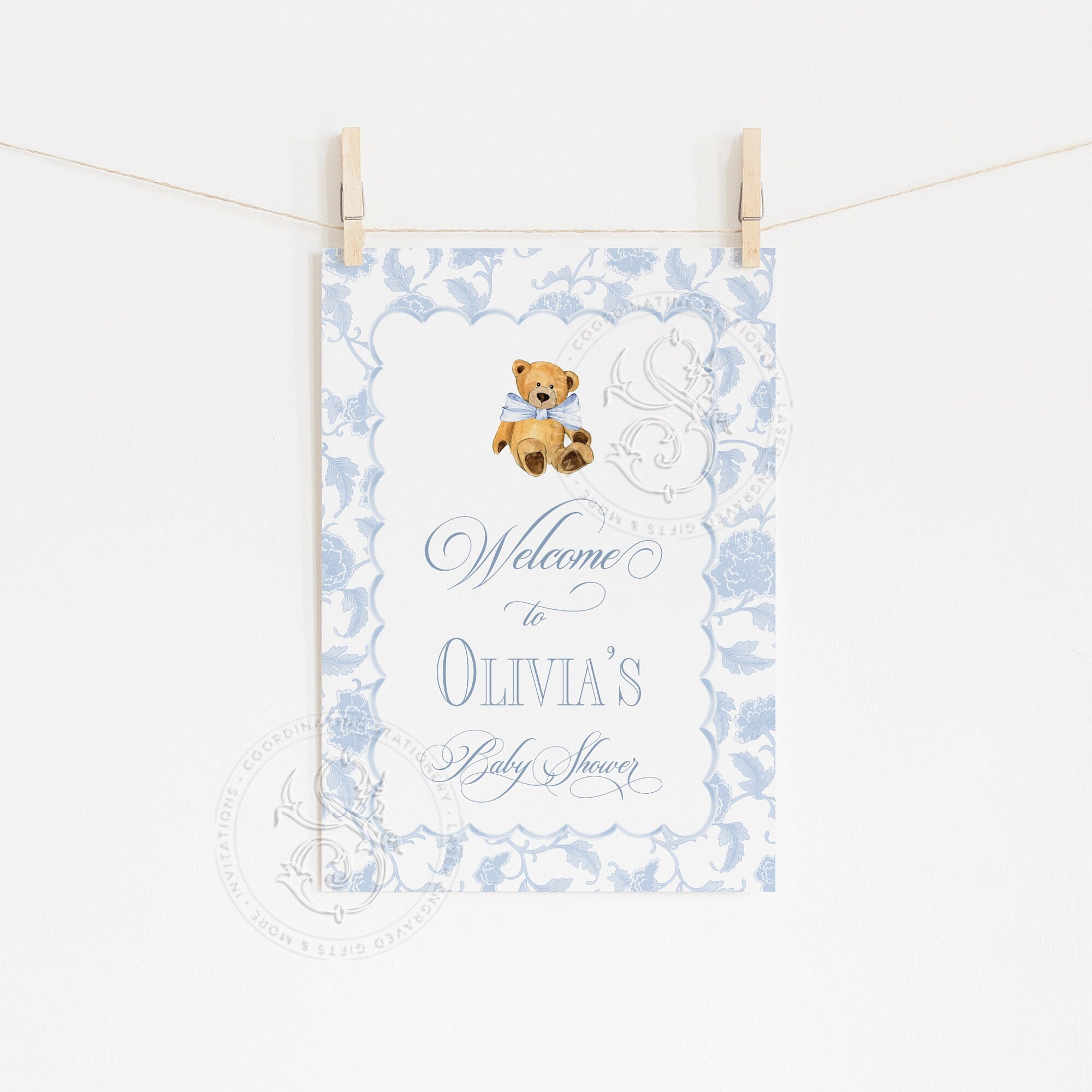 Teddy Bear Baby Shower Welcome Sign: Blue Toile Chinoiserie Poster