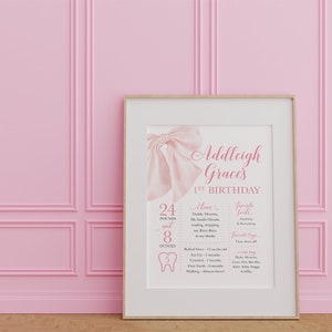 Birthday Sign Pink Bow Girl 1st Birthday Milestone Poster, Watercolor Printable First Birthday Celebration Decor