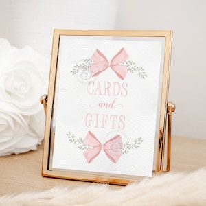 Cards and Gifts Sign for Girl Baby Shower Printable with Pink Bow - Printable 8x10 - Preppy Pink Baby Sprinkle SIgnage