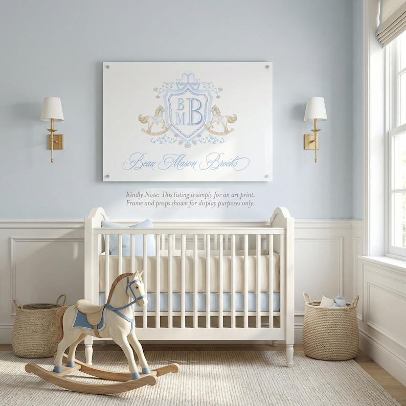 Rocking Horse Nursery Print | Grandmillennial Baby Boy Monogram image 3