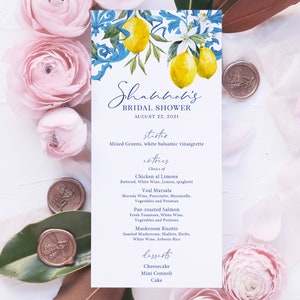 Lemon and Blue Tile Bridal Shower Printed Menu Cards - Blue Tile and Lemon Bridal Shower Printed Menu Cards