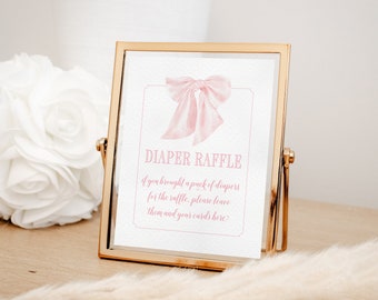 Diaper Raffle Sign for Girl Baby Shower Printable with Pink Bow - Printable 8x10 - Preppy Pink Watercolor Bow Baby Sprinkle