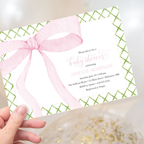 Preppy Pink Bow Baby Shower Invitation Girl Baby Shower Etsy