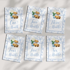 Boy Milestone Cards Printable Teddy Bear Ginger Jar Toile Blue Chinoiserie Baby Month Cards Keepsake Memories Classic Baby Boy image 8