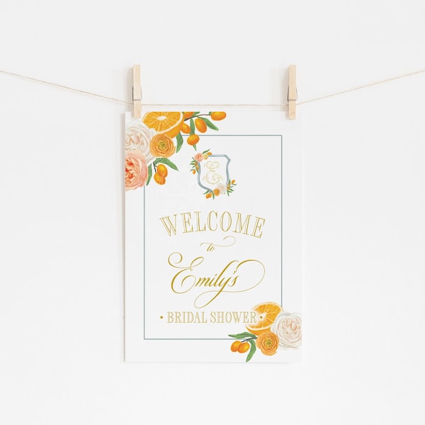 Orange Bridal Shower Welcome Sign - Mimosa Monogram Bridesmaids Luncheon - Bridal tea - Printable 18x24 Sign