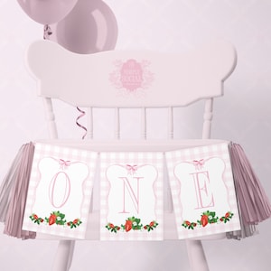 Strawberry 1st Birthday Highchair Garland: Girl&#39;s Pink Berry Banner & Printable Cards