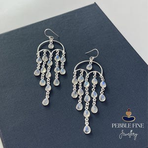 Peut inclure: Une paire de boucles d'oreilles chandelier en argent avec de multiples pierres de lune en forme de goutte suspendues à une arche métallique incurvée. Chaque boucle pend à un crochet et présente une cascade de petites pierres translucides.