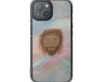 Puede incluir: Una funda protectora transparente para smartphone con una ilustración impresa de una persona con cabello castaño y barba, sobre un fondo suave de tonos pastel azul, rosa y amarillo que irradian desde la figura central.