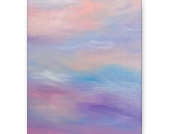 May include: A rectangular canvas featuring an abstract painting with blended horizontal strokes of soft pastel colours. The composition displays a gradient transition of light pink, lavender, sky blue, and white hues, creating a smooth, ethereal effect.