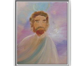 May include: A framed oil painting depicting a figure with brown hair and a beard, wearing a white robe. The background features soft, blended strokes of light purple, blue, and white, creating a luminous effect around the head of the figure.