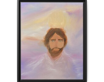 May include: A framed oil painting depicting a figure with brown hair and a beard, wearing a white garment. A bright, glowing golden halo sits above the head against a soft, ethereal background of blended pastel purple, pink, and blue hues.