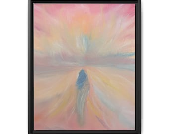 May include: A framed abstract painting featuring soft, blended brushstrokes in shades of pink, peach, yellow, and pale blue. The composition displays a central vertical form emerging from a hazy, light-filled background within a thin black frame.