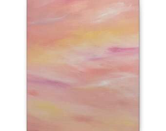 May include: A rectangular canvas painting featuring an abstract composition of blended soft pastel colours. The artwork displays horizontal strokes of light pink, peach, pale yellow, and white, creating a smooth, hazy, and ethereal gradient effect.