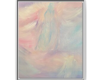 May include: A framed abstract painting featuring soft, blended brushstrokes in pastel shades of pink, lavender, pale blue, and cream. The composition displays ethereal, cloud-like forms with a light, airy texture and a thin, neutral-coloured frame.