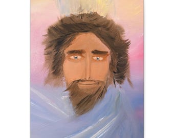 Puede incluir: Una pintura al óleo sobre lienzo que representa el retrato de una persona con cabello castaño y barba. La figura tiene ojos azules y está envuelta en una tela azul claro. El fondo presenta un suave degradado de tonos pastel rosa, amarillo y azul.