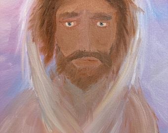 May include: An oil painting on canvas depicting a portrait of a person with long brown hair and a beard, wearing a white head covering. The figure has blue eyes and a neutral expression, set against a soft, blended background of light purple and blue.