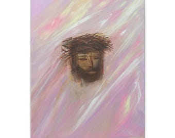 May include: An oil painting on canvas depicting a central figure with a brown beard and closed eyes, wearing a dark brown crown of thorns. The background consists of abstract, diagonal brushstrokes in shades of light pink, white, and lavender.