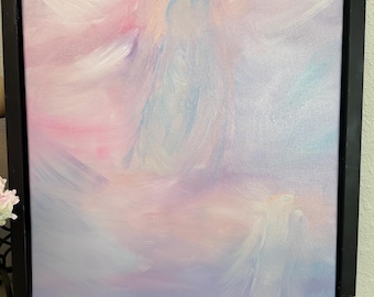 May include: An oil painting in a black frame featuring an ethereal, abstract figure in shades of soft pink, light blue, and white. The central form appears to be a standing silhouette surrounded by swirling, cloud-like brushstrokes in pastel tones.