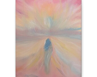 May include: A rectangular canvas painting featuring an abstract landscape with a central vertical dark blue shape. The background consists of blended brushstrokes in shades of soft pink, peach, yellow, and light blue, creating a hazy, ethereal atmosphere.