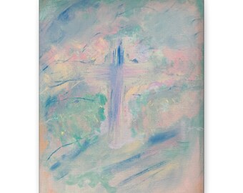 May include: A rectangular canvas painting featuring an abstract cross shape centred amidst soft, blended washes of pastel pink, light blue, mint green, and pale yellow. The brushstrokes are loose and ethereal, creating a hazy, dreamlike atmosphere.