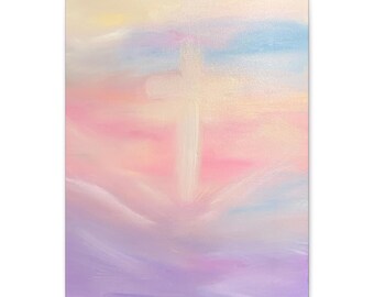 May include: A rectangular canvas painting featuring a central, glowing white cross set against a soft, blended background of pastel colours including light pink, pale blue, yellow, and lavender, creating a hazy, ethereal, and cloud-like appearance.