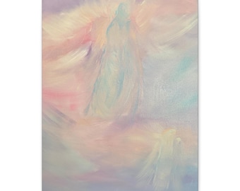 May include: An abstract oil painting featuring soft, blended brushstrokes in pastel shades of pink, blue, lavender, and cream. The composition displays ethereal, cloud-like forms and light-filled shapes that create a sense of movement and depth.