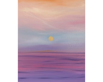 May include: A rectangular canvas painting depicting a sunset over a calm body of water. The sky transitions from orange at the top to soft pink and light blue, featuring a small, solid yellow circle representing the sun. The water is purple.