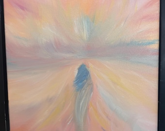 May include: An abstract oil painting in a black frame featuring a central dark blue vertical shape surrounded by blended strokes of pink, peach, yellow, and light blue. The composition creates a sense of depth with radiating light colours.
