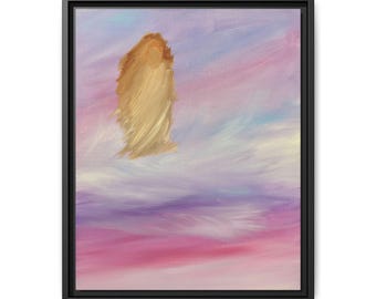 Può includere: Un dipinto su tela incorniciato che presenta una figura astratta color marrone dorato al centro, su uno sfondo sfumato di tonalità pastello rosa, lavanda e azzurro. L'opera è racchiusa in una sottile cornice rettangolare nera.