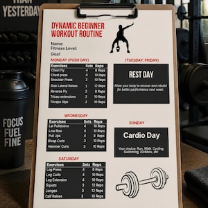 May include: A clipboard with a printed Dynamic Beginner Workout Routine chart featuring exercise lists for Monday, Wednesday, and Saturday, with designated rest and cardio days. The document includes a black silhouette of a person with a kettlebell.