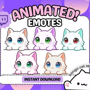 May include: Digital download of animated cat emotes for Twitch. The emotes feature white cats with different colored eyes, including blue, green, and red. The text "ANIMATED! EMOTES" is displayed above the cats, with "INSTANT DOWNLOAD" below.