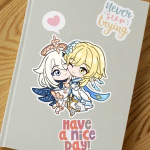 Adesivo Lumine e Paimon Genshin Impact, adesivo in vinile impermeabile, decalcomania anime, finitura opaca, per laptop, diario, decorazione per borraccia termica