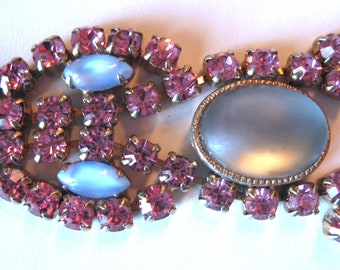 Vintage Rhinestone Bracelet in Pink and Blues 7.5"