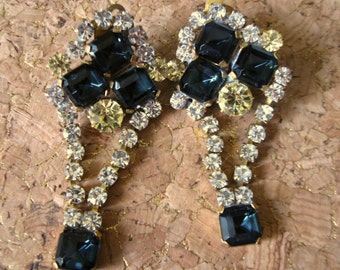 Large Czech Dangly Clip Earrings Dark Blue, Yellow and Clear Rhinestones