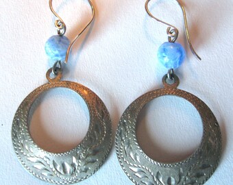 Vintage 1970s Etched Sterling & Blue Lace Agate Earrings