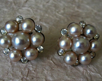 Vintage 1950s Bronze Pearl (faux) and Rhinestone Screwback Earrings