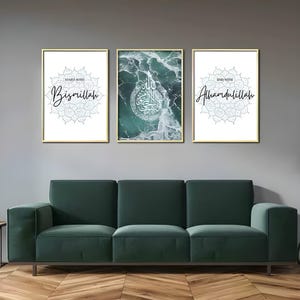 Islamisches-posterset: Bismillah, Alhamdulillah en Ayat al-Kursi | Arabische kalligrafie met marmor-design | Wohnzimmer en Gebetsraum