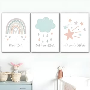 Islamitische kinderzimmer-posterset – Bismillah, Subhan Allah, Alhamdulillah – Pastell Wandbilder