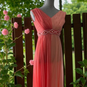 Vintage 1960s Chiffon Coral Peach Sleeveless Bridesmaid Dress, Vintage Wedding Guest Summer Dress, Pearl Beaded Waist Evening Dress, Size S