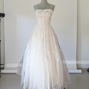 1950s Satin Wedding Dress with Embroidered Tulle Bolero Jacket - Size S